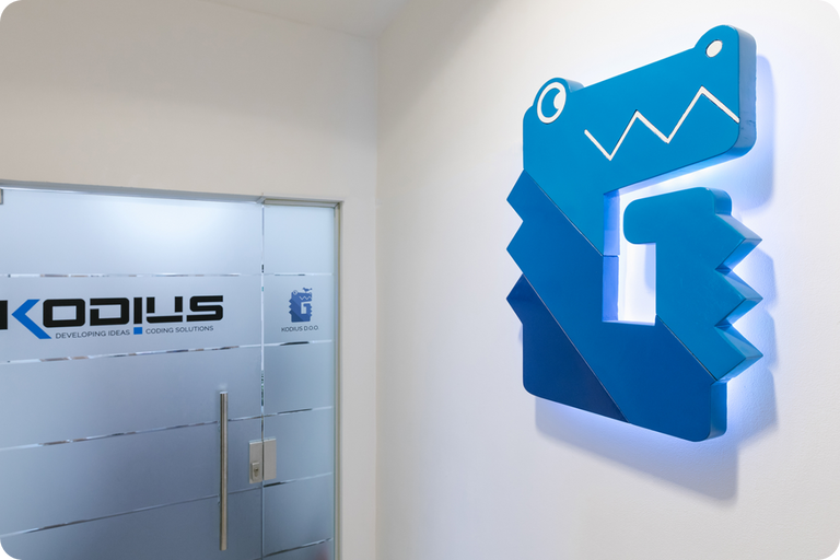 Mascot Kodi on the wall next to Kodius office entrance